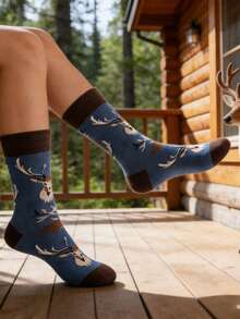 1双可爱小鹿图案休闲百搭时尚中筒袜，适合春夏穿着 - 彩色 - 查看 5