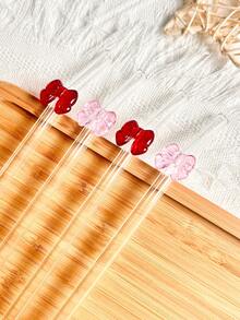 2/4pcs Cute Pink/Red Bow Decor Glass Straw Set, Reusable Bent Thick Transparent Glass Straw Tableware Set, Suitable For Kitchen Accessories, Straw Decor, Cold Drinks, Milk Tea, Coffee, Juice, Smoothie, Home, Restaurant, Hen Party, Wedding, Cocktail Party, Back To School, Gifts For Girlfriend/Boyfriend, Parents, Friends, Holidays, Summer, Easter Gifts - View 5