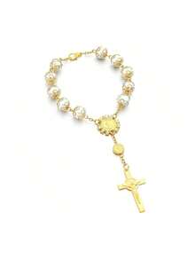 1pc Gold Crystal Cross Rearview Mirror Decor, Elegant Beaded Car Pendant Accessory - Gold - View 8
