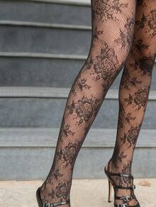 深色系 Coquette 花卉蕾丝透明连裤袜，黑色玫瑰图案网眼长袜，哥特朋克风透视连裤袜 - 彩色 - 查看 5