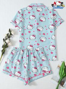SANRIO Women's Pajama Set, Striped Heart Print Short Sleeve Pocket Top And Bow Shorts Casual Loungewear - Màu xanh lam - Xem 2