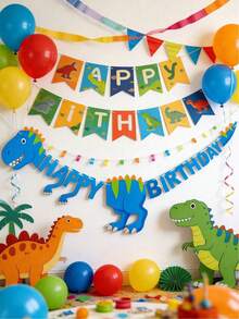 1 Set Dinosaur Happy Birthday Party Banner, Cartoon Prehistoric Animal Pennant Flags, Dinosaur Theme Birthday Decoration, Funny Wall Letter Triangle Flags, Party Supplies - A - View 7