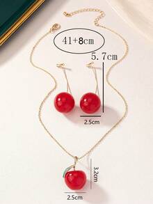 Cute Cherry Decor Pendant Necklace & Earrings Set, Suitable For Daily Wear And Party Gift - Burgundy - View 11