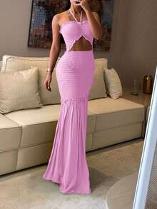 ChicMe Vestido sexy de fiesta, vacaciones, con cintura con cordón, fruncido, bajo de sirena y fruncido para mujer - Rosa Pálido - View 4