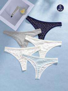 5条装女士纯棉性感可爱低腰丁字裤 - 彩色 - 查看 1