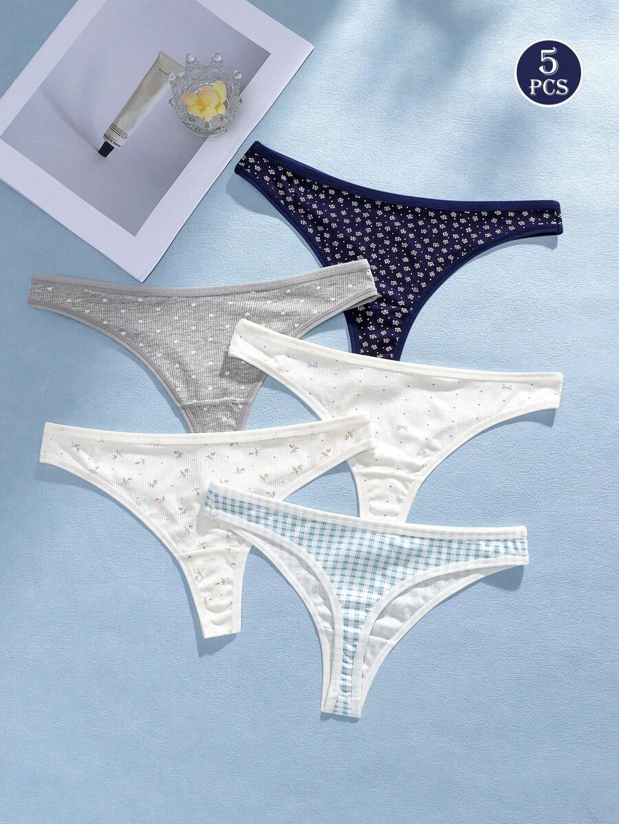 5条装女士纯棉性感可爱低腰丁字裤 - 彩色 - 查看 1