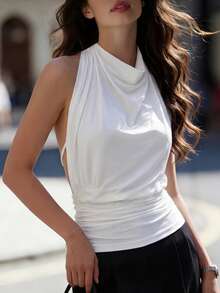Elegant White Halter Ruched Crop Top - Women's Spring Summer Cowl Neck Sleeveless Backless Tie Back Stretchy Slim Fit Top For Party Vacation Business Wedding Easter - White - View 3