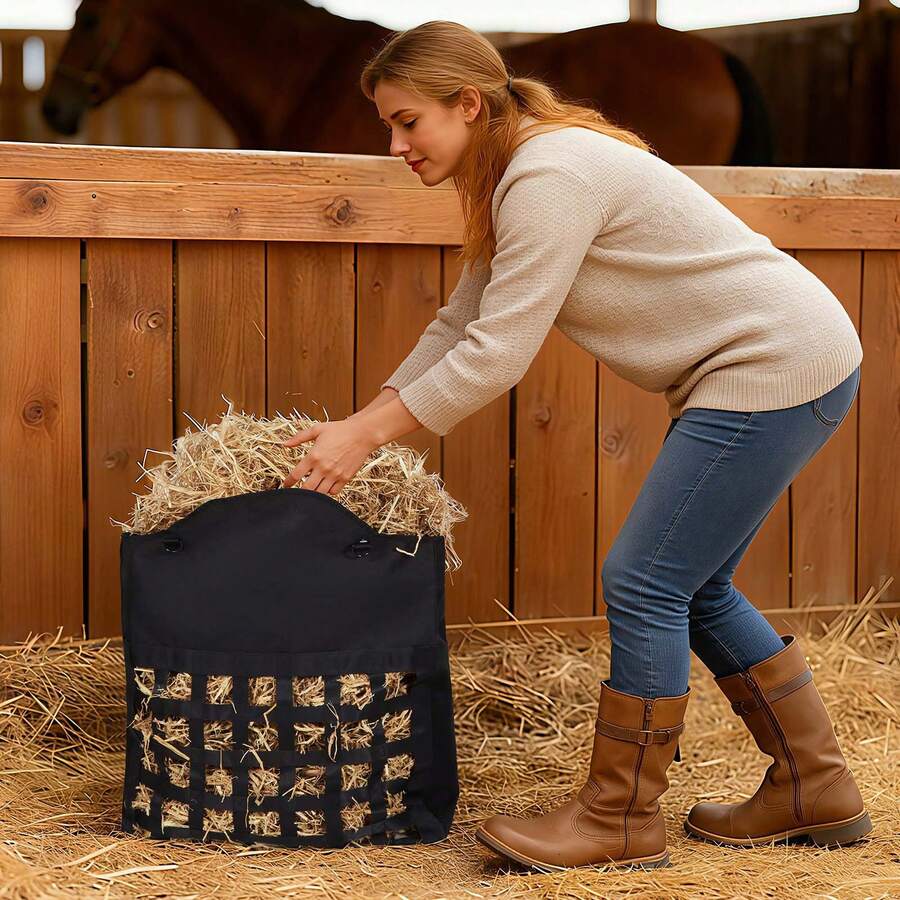 Hay Bag For Horses, 21.65 X 7.28 X 25.2 In, 1.81 X 1.81 In Holes, Premium Nylon Construction With PVC Waterproof Coating, Adjustable Hanging Straps And Metal Hooks, Slow Feed Hay Bag For Horses - Medium Mesh, Woven Tape, 21*7*25 Inch - View 1