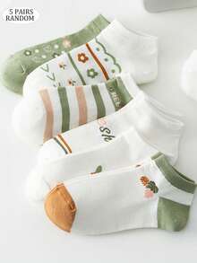 5 Pairs Women's White & Green Breathable Floral & Letter Pattern Ankle Socks, Cute & Comfortable, Random Colors, Suitable For All Seasons - Multicolor - View 13