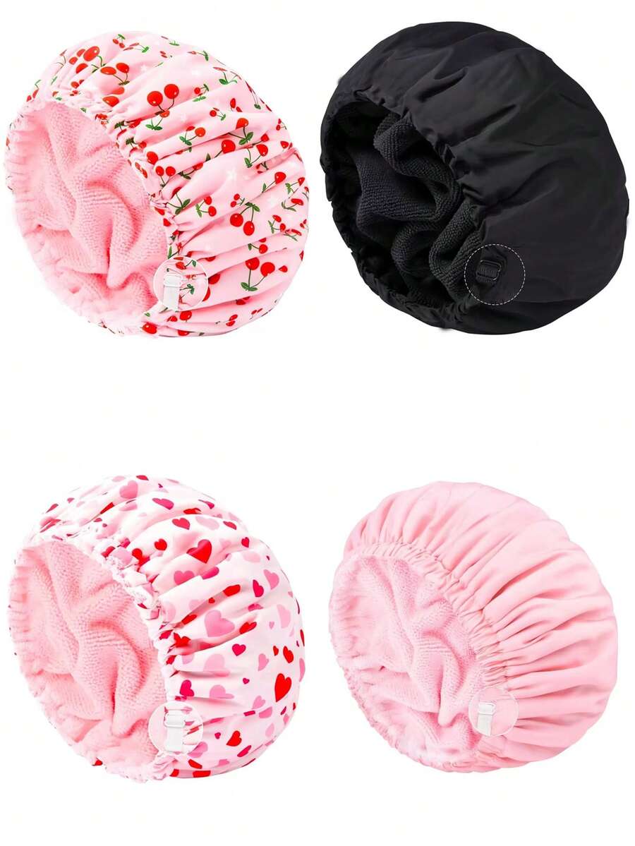 1/3/5pcs Adjustable Plush Shower Cap, Waterproof Polyester Absorbent Microfiber 3-In-1 Hair Drying Towel Cap - Multicolor - View 1