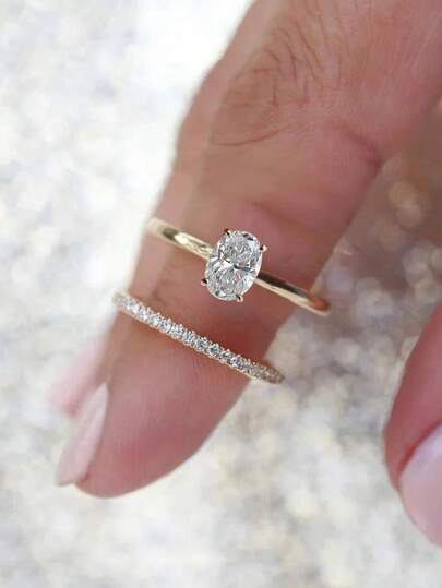 CVNANA 2pcs Luxury Cubic Zirconia Ring Set, Shiny Oval Engagement/Wedding/Promise/Eternity Rings, Exquisite Jewelry, Gifts For Valentine's Day, Mother's Day And Christmas