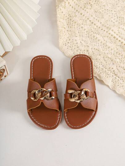 Girls' Brown Chain Sandals, Children's Soft Bottom Non-Slip One-Strap Slippers, Toddler Fashion Outdoor Beach Shoes, Girls Casual Flat Slides, Breathable Non-Slip Home Slippers For Outdoor Vacation And Daily Wear