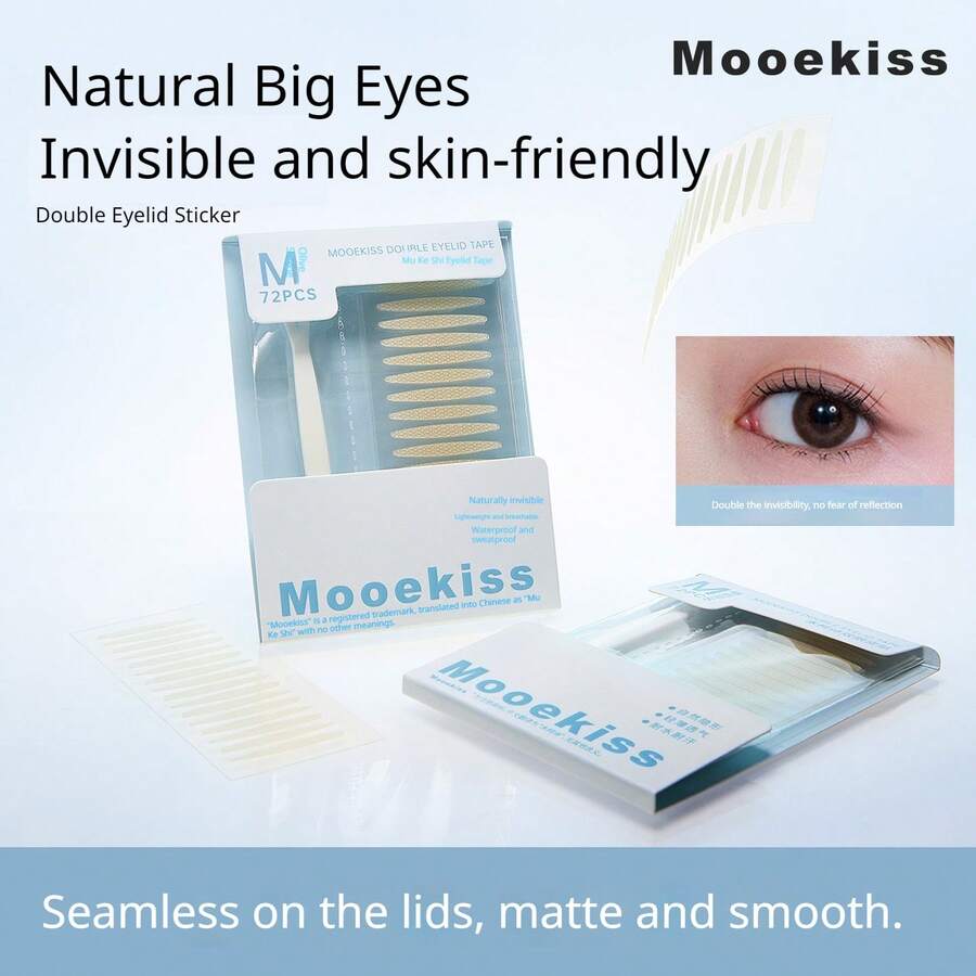 Mooekiss隐形双眼皮贴,防水防汗自粘式眼部提拉贴,自然橄榄形/斜橄榄形,适用于单眼皮/内双/眼袋,持久隐形眼皮贴,两种尺寸可选 - 杏色 - 查看 1