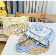 Ita Crossbody Tote Bag, Pin Display With Insert Large Messenger Bag, Cute Tote Bag With Zipper Ruffle, Japanese Aesthetic Y2k - Blue - View 10