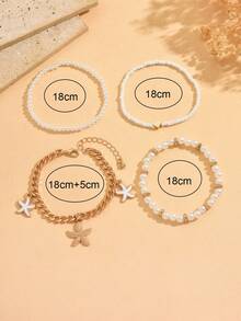 4pcs/Set Fashionable Ocean Style Starfish Pendant Elegant Faux Pearl Beaded Bracelet, Bohemian Multi-Layer Wearable Jewelry For Women, Suitable For Daily Wear, Beach, And Travel - Multicolor - View 4