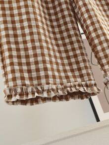 2pcs/Set Young Girl's Fashionable Floral Trim Plaid Vest And Pants Set, Summer - Khaki - View 6