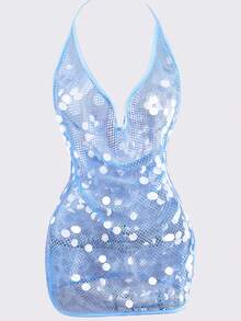 Yuwenier 优雅闪亮亮片吊带针织迷你连衣裙，深V领露背设计，透视网纱针织面料，饰有大圆盘亮片，修身剪裁，适合海滩度假派对和夏季度假穿着。 - 藍色 - 查看 5