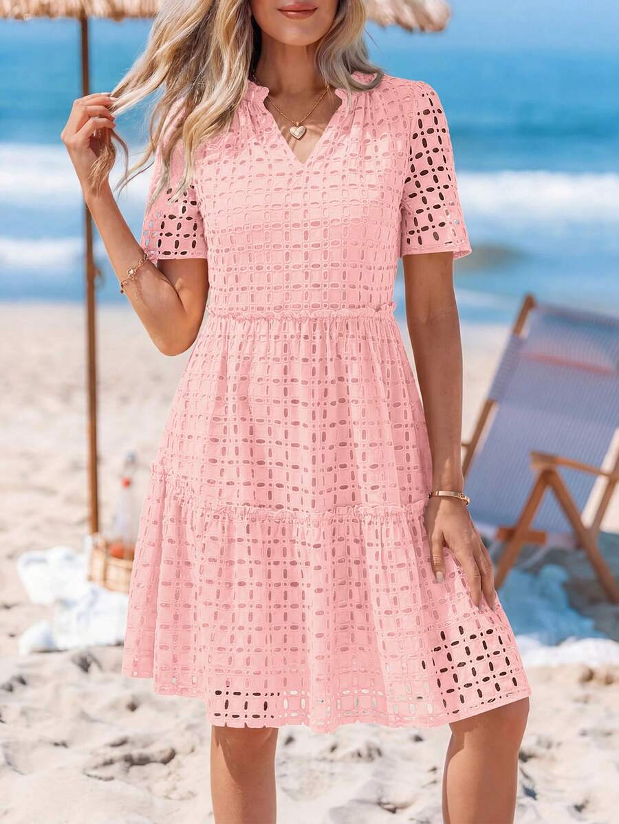 Women's Summer Dress V-Neck Hollow Eyelet Ruffle A-Line Hem Elegant Short Casual Wedding Graduation Travel Beach Holiday Vacation Pink Easter Dresses For Women - Hồng - Xem 1