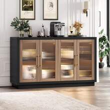 FOTOSOK Armário buffet com armazenamento, aparador grande de 140 cm, armário de cozinha moderno com 4 portas de vidro canelado, mesa buffet de madeira para cozinha, preto/marrom - Negro - Ver 4