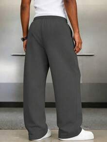 1 Pair Men's Loose Fit Casual Sweatpants, Minimalist Solid Color Wide Leg Design, Drawstring Waist, Large Pockets, Suitable For Daily Wear, Walking, Work, Outings, Great Father's Day Gift For Dad - Dark Grey - View 2