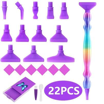 22件套彩虹钻石画工具套装，包含全尺寸替换笔尖和彩虹渐变点钻笔，是钻石刺绣DIY的必备工具。