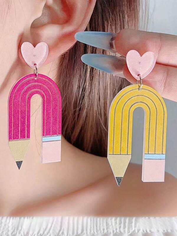 2 piezas Pendientes acrílicos minimalistas con forma de lápiz y corazón, de moda para el Día del Maestro y el regreso a la escuela, para mujeres