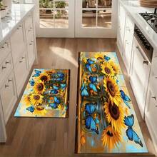 Sunflower Blue Butterfly Print Area Rug Set, Vibrant Floral Floor Mat, Non-Slip Washable Carpet For Kitchen Living Room Home Decor, Non-Slip, Absorbent, Washable Polyester, Kitchen And Laundry Area, Laundry Room | Decorative Floor | Absorbent - Multicolor - View 4