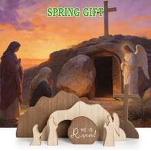 [He Is Risen]Empty Tomb Scene Spring Easter Decorations, Jesus Nativity Resurrection Figurines Set With Wooden Cross For Home, Office, Table, Shelf, Mantle Decor – Christian Catholic Religious Gifts - A - View 3
