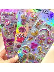 1张/4张/12张可重复使用的3D闪光金色摇摇贴纸，烫金亮片贴纸，适用于剪贴簿、日记、相册、信封、DIY工艺品，卡通3D浮雕贴纸，趣味可爱水晶贴纸（随机款式） - 彩色 - 查看 3