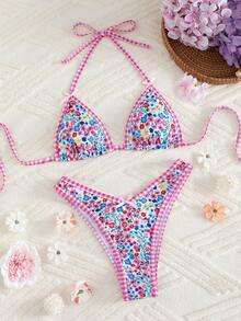 女士格子碎花吊带比基尼套装，乡村风格子碎花拼接吊带露背泳衣，饰有蝴蝶结，休闲沙滩度假女士泳装，透气弹力面料，适合海滩、音乐节、狂欢节、情人节等场合，女士沙滩装，夏季女士比基尼沙滩装，女士泳衣，夏季度假装 - 彩色 - 查看 3