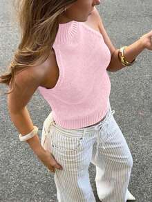 Women's Solid Color Stand Collar Casual Versatile Knit Top For Daily Wear Pink Summer - Pink - View 2