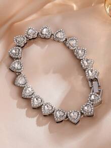 1pc Classic Versatile Heart-Shaped Zirconia Inlaid Copper Bracelet, Silver/Gold Color Options, Suitable For Students, Campus Daily Wear, Nice Gift For Friends - Bracelet - View 6