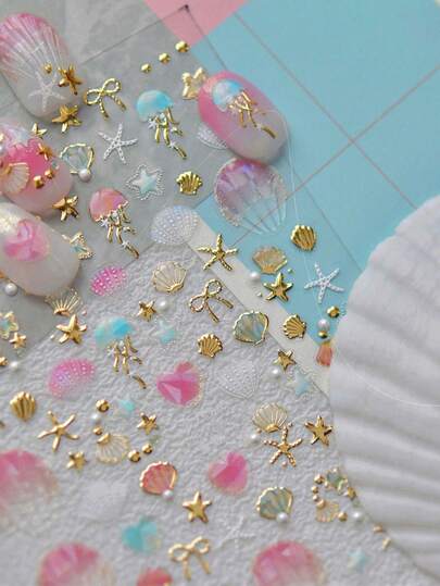 1pc 5D Nail Stickers, Summer Beach Ocean Wave Ripple Glitter Star Embossed Nail Art Decals, DIY Nail Supplies, Pressure-Sensitive Nail Stickers