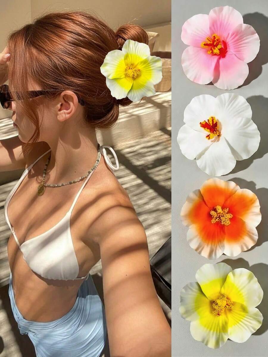 4个/套 大型人造热带芙蓉花发夹，适合女性和女孩，适用于海滩度假、夏威夷主题派对、波西米亚风格，颜色包括粉色、白色、黄色、橙色