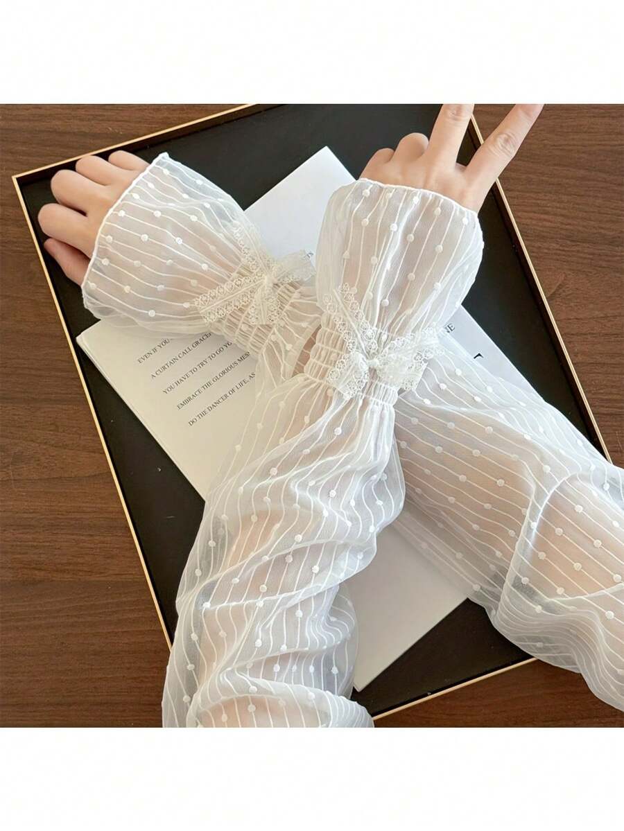 1 Pairs Summer Bow Sleeves Women's Fashion Arm Guards Gloves Breathable Thin Outdoor Vacation Driving Lace Hand Sleeves New Loose - trắng - Xem 1