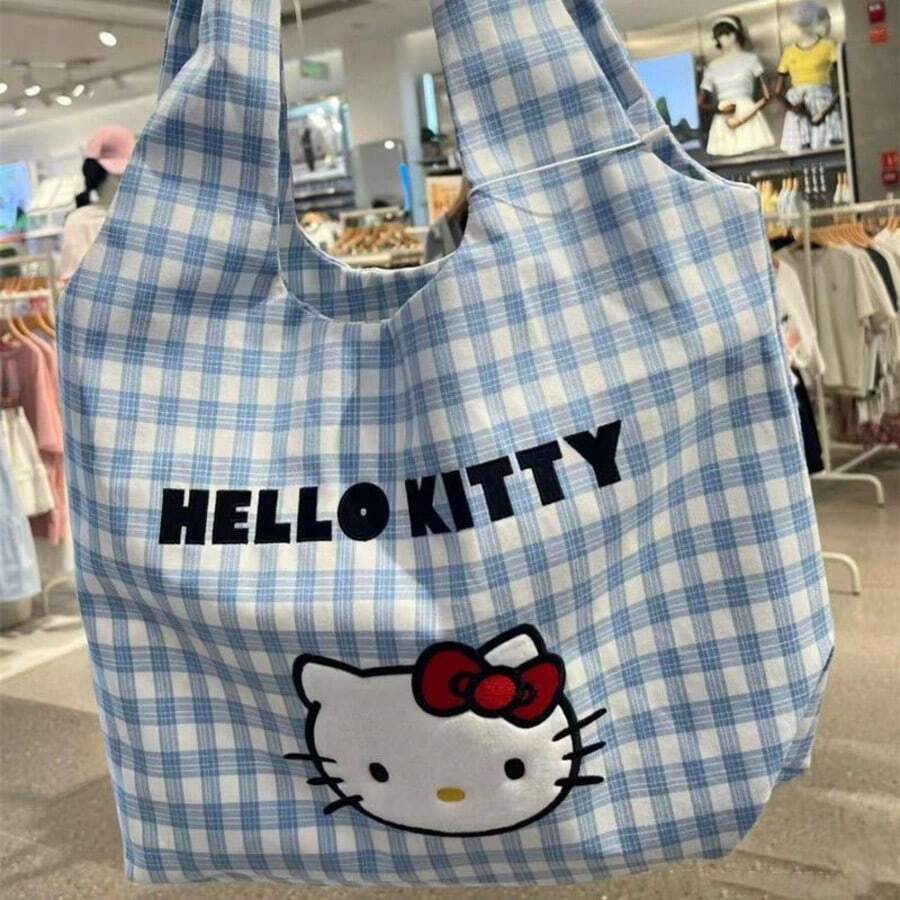 Túi đeo vai hoạt hình đa năng, túi vải canvas kẻ caro KT Cat, cặp sách học sinh, túi tote - /Hangyodon - Xem 1
