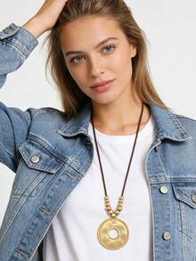 1 Peça Colar Elegante e Fashionista de Círculo Ondulado Dourado e Prateado, Colar de Pingente de Contas Personalizado Boêmio, Presente de Joias para Amigos e Família, Acessório Diário para Festa, Praia, Viagem - Corda de cera - Visão 9