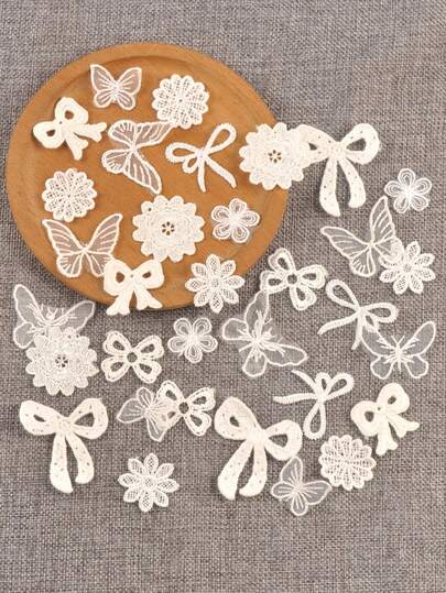 20pcs 2-5cm White Lace Butterfly, Heart, Flower Mixed Pattern Decorative Fabric Patches, No Adhesive Backing, For DIY Sewing On Clothing, Hats, Accessories, Wedding Crafts