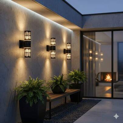 1 đèn tường rỗng hình học tối giản, đèn sân vườn kiểu cổ điển chống thấm nước, đèn tường chiếu sáng hai mặt sáng tạo, đế đèn E27. Thích hợp sử dụng trong nhà và ngoài trời, hành lang, sân hiên, phòng tắm, biệt thự, sân vườn. Kết nối dây trực tiếp (không bao gồm bóng đèn).
