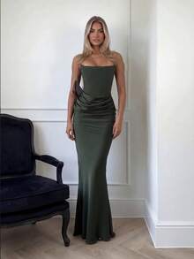 Solid Color Elegant Casual Backless Cocktail Dress, Graceful Party Formal Evening Gown, Suitable For Wedding Guest, Vacation, Date - Green - View 5