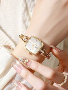 1 chiếc đồng hồ đeo tay nữ thời trang thường ngày, mặt vuông tối giản, thanh lịch, máy quartz, quà tặng (không kèm hộp đồng hồ) - Vàng - Xem 6