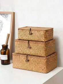 1pc Woven Storage Basket With Lid, Rectangular Wicker Storage Box, Toy Storage Box With Lid, Elegant Home Decor, Kitchen, Bathroom, Bedroom Decor, New Year & Valentine's Day Gift - Brown - View 6