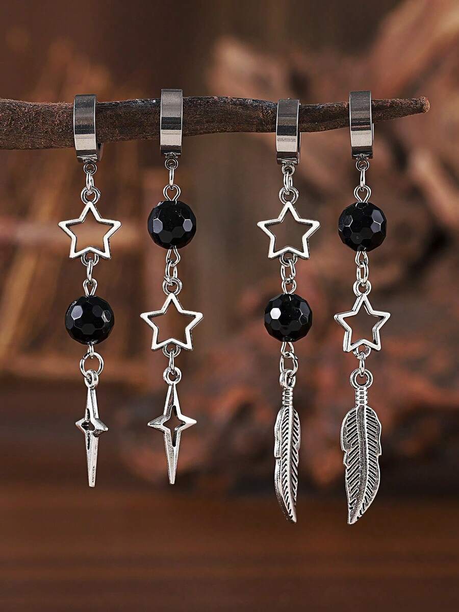 1 Đôi bông tai dáng dài hình ngôi sao và lông vũ rỗng kiểu cổ điển, bông tai vòng bằng thép không gỉ thanh lịch với mặt dây chuyền hình ngôi sao, kiểu dáng punk quyến rũ với đinh tán, dây chuyền bạc rỗng dài tối giản hình bầu trời sao, phong cách Y2K Gothic Boho, unisex, thích hợp đeo hàng ngày, quà tặng Ngày của Mẹ. - Bông tai hình ngôi sao - Xem 1