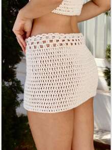 CROCHET SKIRT BEACH COVER-UP MINI SKIRT - Màu be - Xem 7