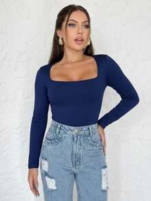 Kit 1, 3 Bodysuits, Women's Shaping Bodysuit, Second Skin Style, Square Neckline, Long Sleeves, Basic, High Fashion, Versatile, Elegant, Blogger Style - BLACK-nAVY-wINE - View 2
