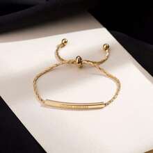 Gold Plated Stainless Steel Curved Tube Charm Bracelet With Pull Cord, Adjustable For Daily Wear - Gold - View 4
