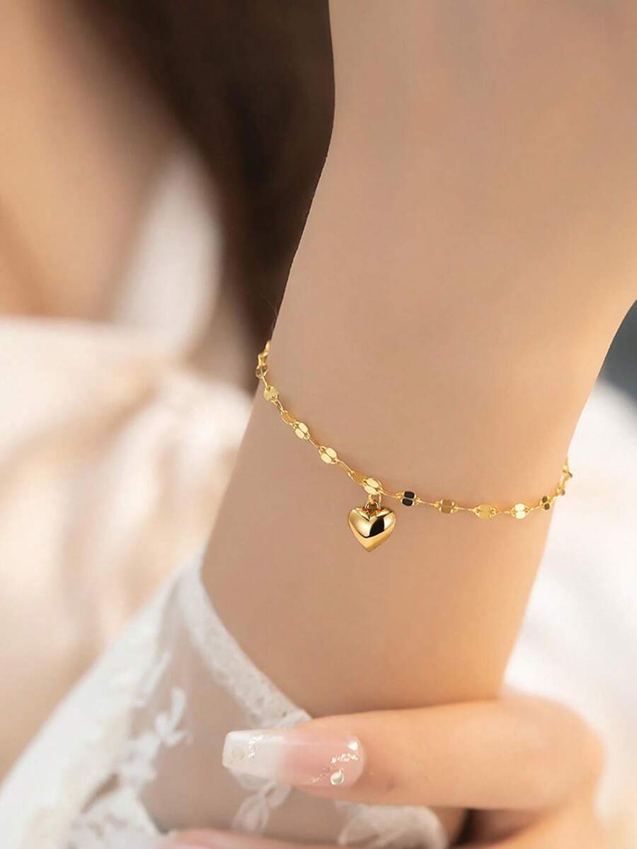 1 pieza Pulsera con colgante de corazón de metal, pulsera con colgante minimalista de uso diario para mujeres - Corazón de amor - Ver 1