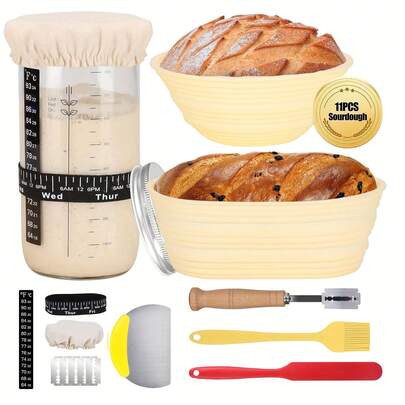Complete Sourdough Starter Kit With 2 Silicone Proofing Baskets - 9" Round & 10" Oval Banneton, Thermometer Band, Feeding Tracker, Bread Lame & Blades, Baking Tools Set For Beginners & Pros