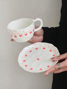 Bộ 1 tách và đĩa sứ hình trái tim bất đối xứng thủ công, tách cà phê sáng tạo để pha latte art, tách tráng miệng, quà tặng bạn gái, tách trà chiều, tách sữa bữa sáng, đĩa tráng miệng hình trái tim dễ thương, thích hợp cho nhà hàng, quán cà phê, văn phòng, cửa hàng tráng miệng. - Nhiều màu - Xem 3