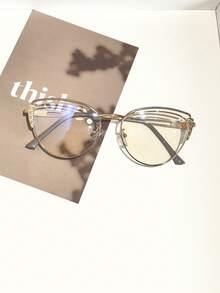 1 pieza Montura de gafas de moda para mujer, marco de metal tono dorado con forma de ojo de gato, estilo elegante y lujoso, para uso diario, trabajo, estudio y actividades al aire libre con estuche de gafas - Multicolor - Ver 5